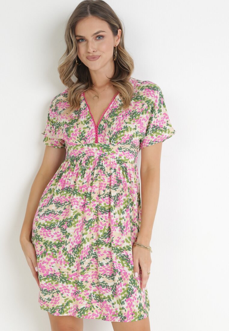 Rochie Roz Vâscoză Mini cu elastic în talie și decolteu adânc Denis