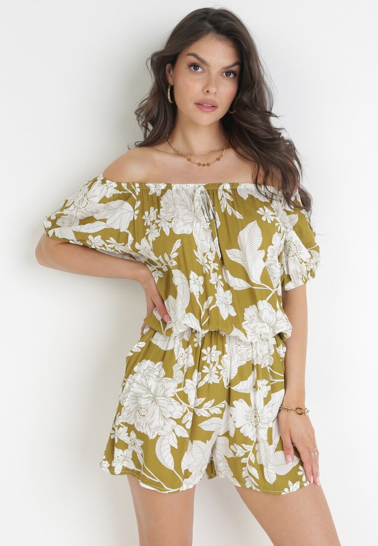 Salopetă Verde din Viscoză cu Decolteu Spaniol cu Imprimeu Floral Astinn