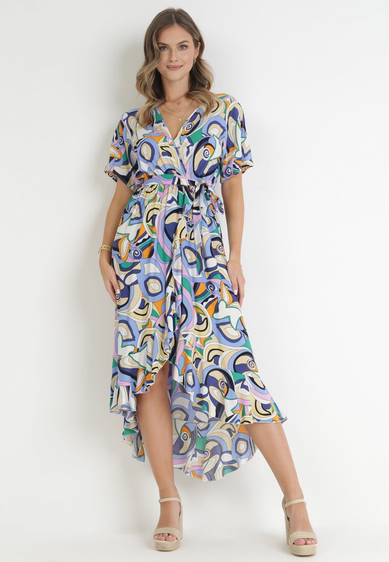 Rochie tip plic albastră cu elastic în talie și curea din material din viscoză Dionienne