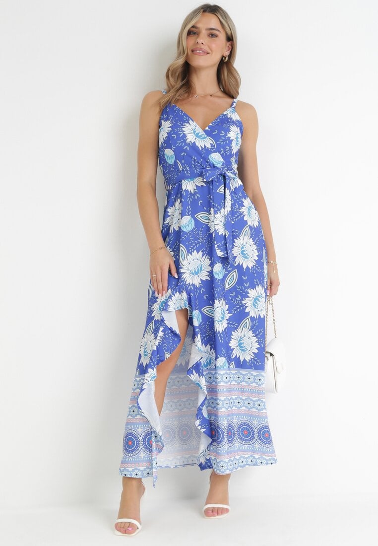 Rochie Albastră Maxi cu bretele subțiri și curea din material Adakila