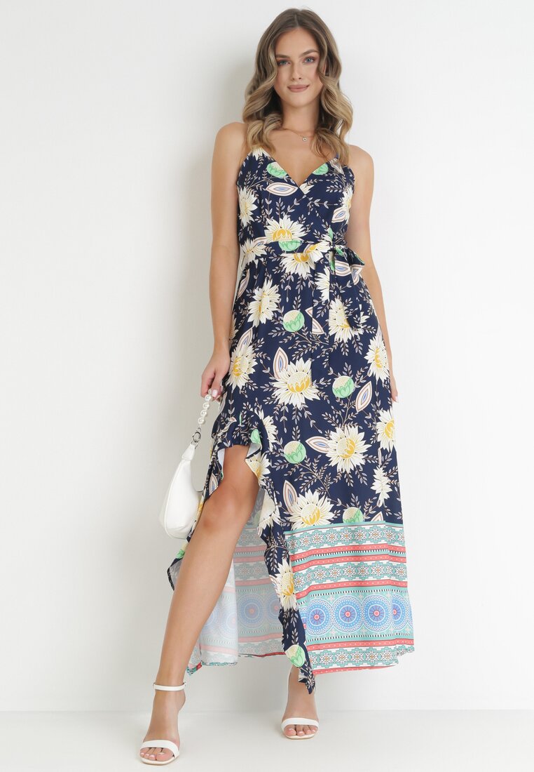 Rochie Bleumarin-Galbenă Maxi cu Bretele Subțiri și cu Curea din Material Adakila