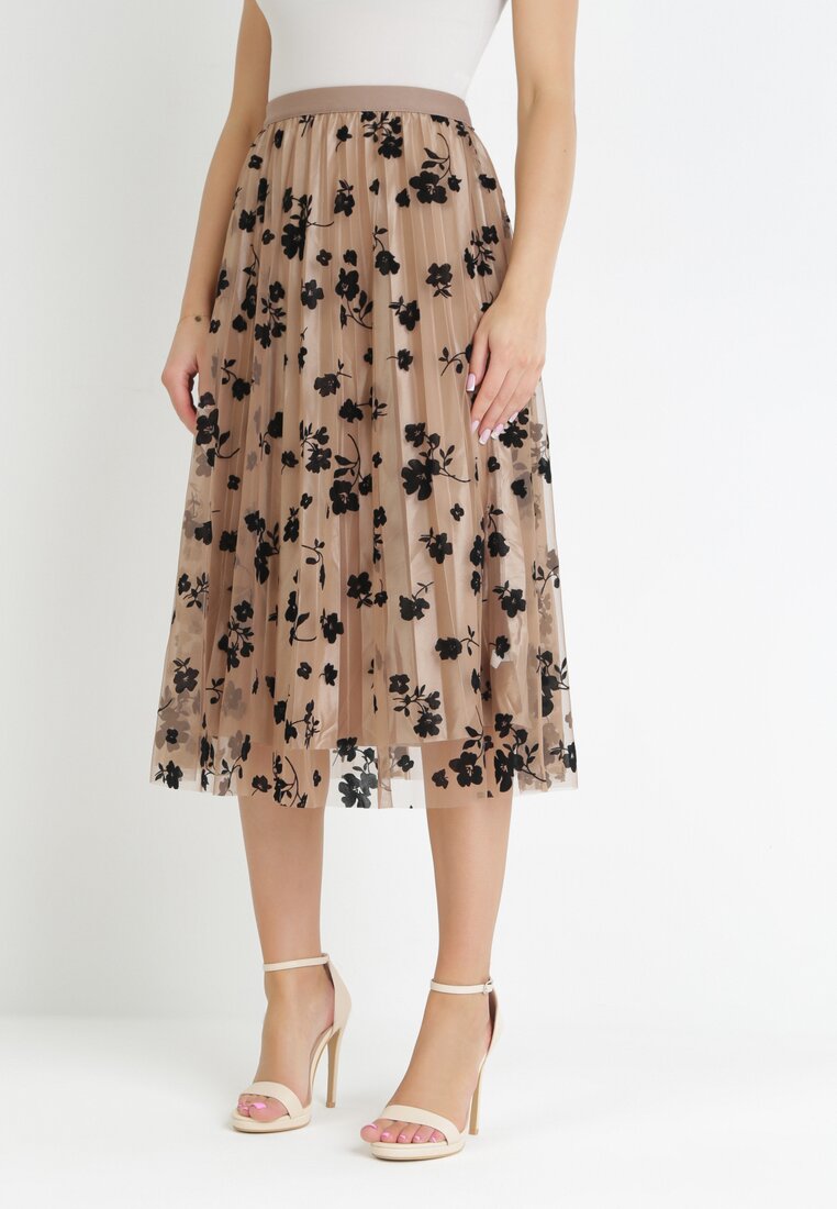 Fustă bej închis din tul cu model floral din catifea și elastic în talie Iyosi