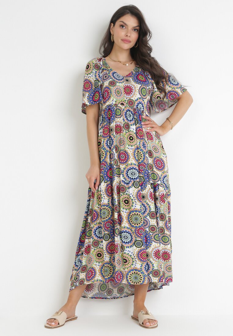 Rochie cloș maxi alb-bleumarin cu volan din viscoză Sehna