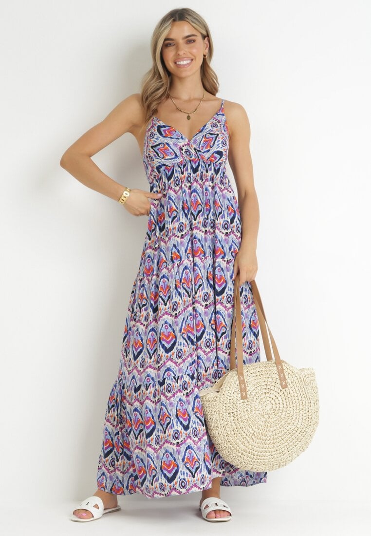 Rochie Albastru-Roz Evazată Maxi cu Bretele și Elastic în Talie Kiovi