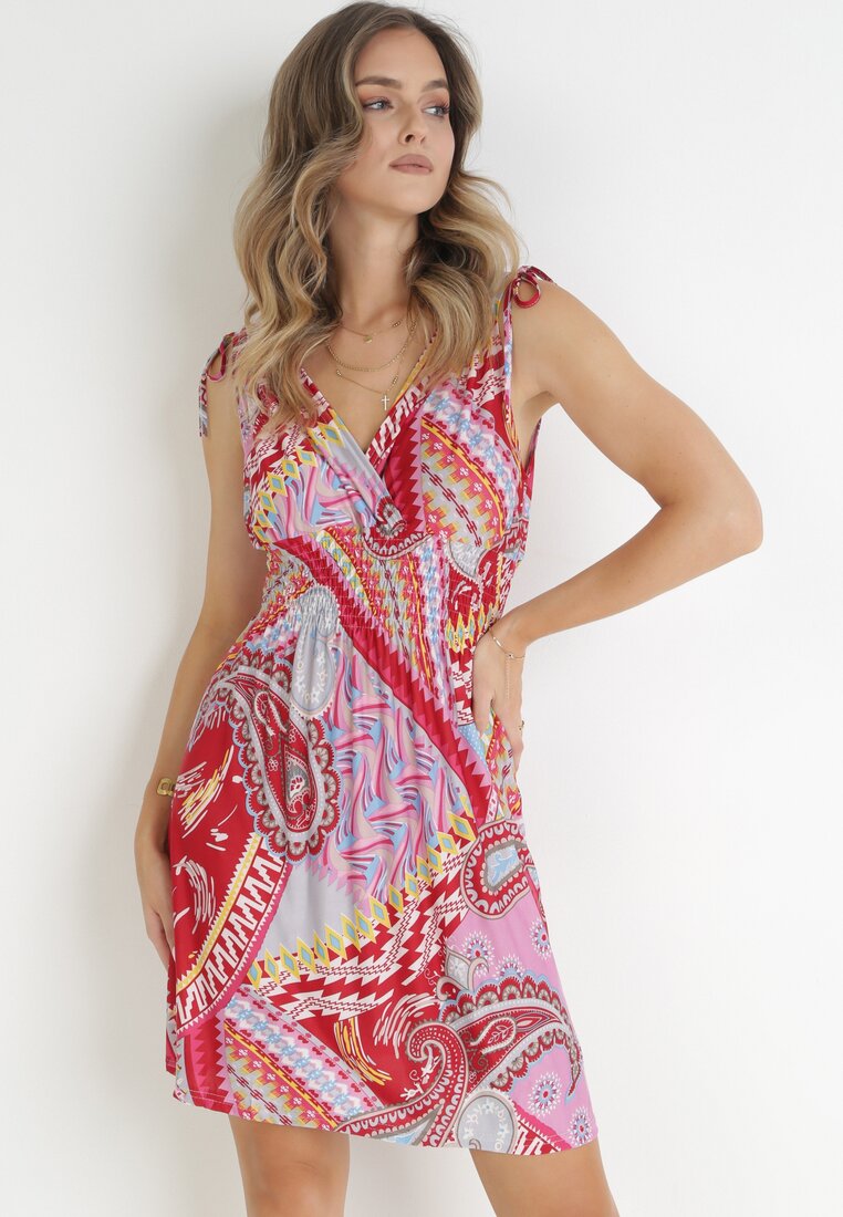 Rochie Mini Roșie Imprimată cu elastic în talie și decolteu petrecut Forro