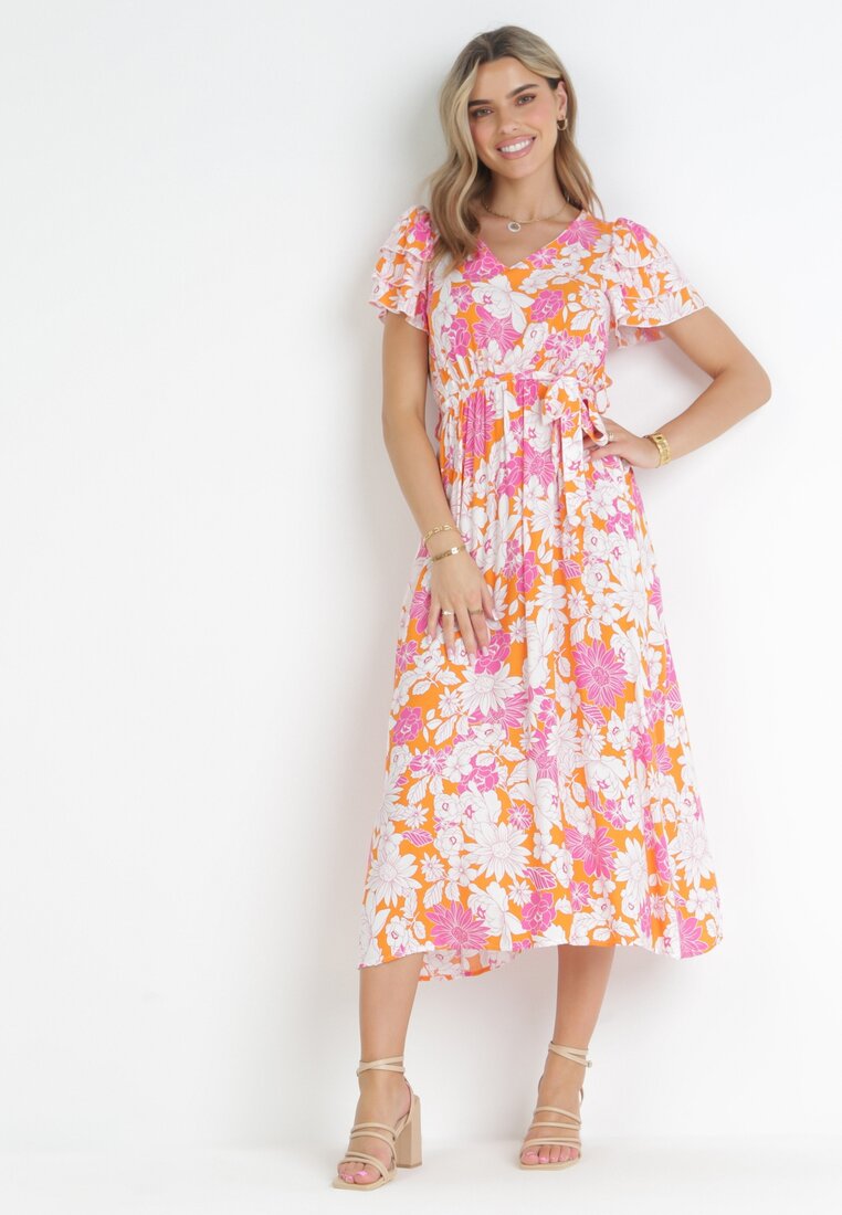 Rochie Cloș Portocalie din Viscoză și Cordon Legat Asaria