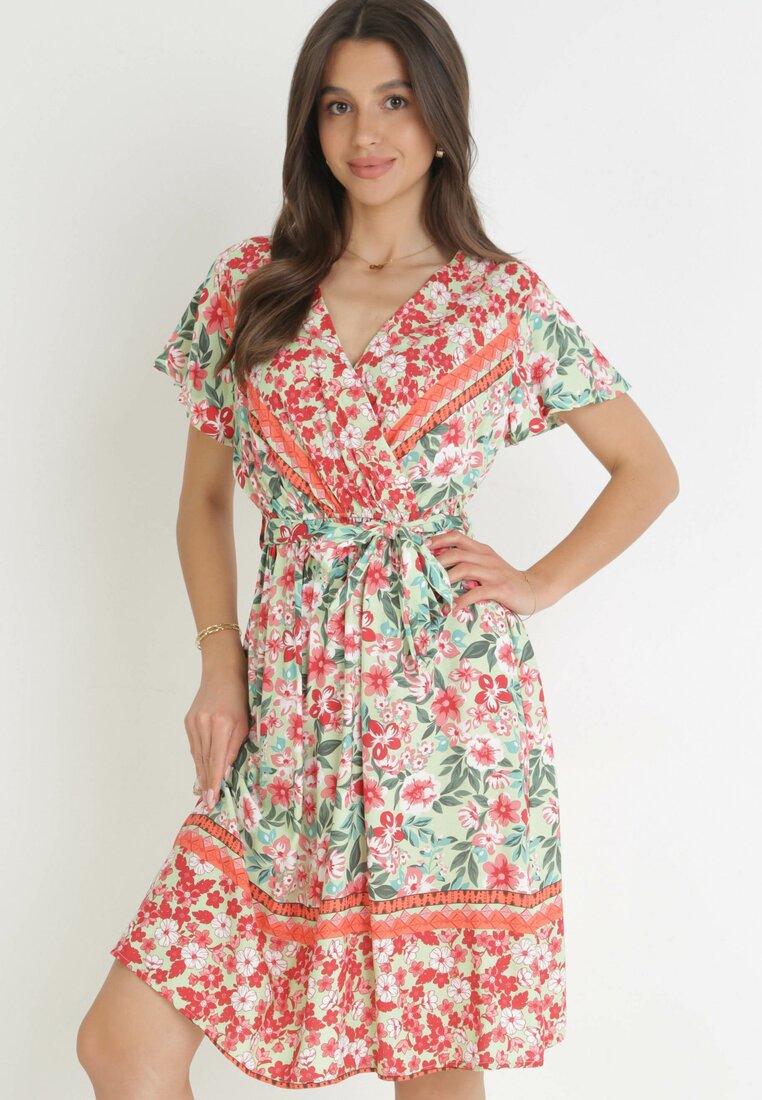 Rochie Roșu-Verde Cloș cu Elastic în Talie Angely