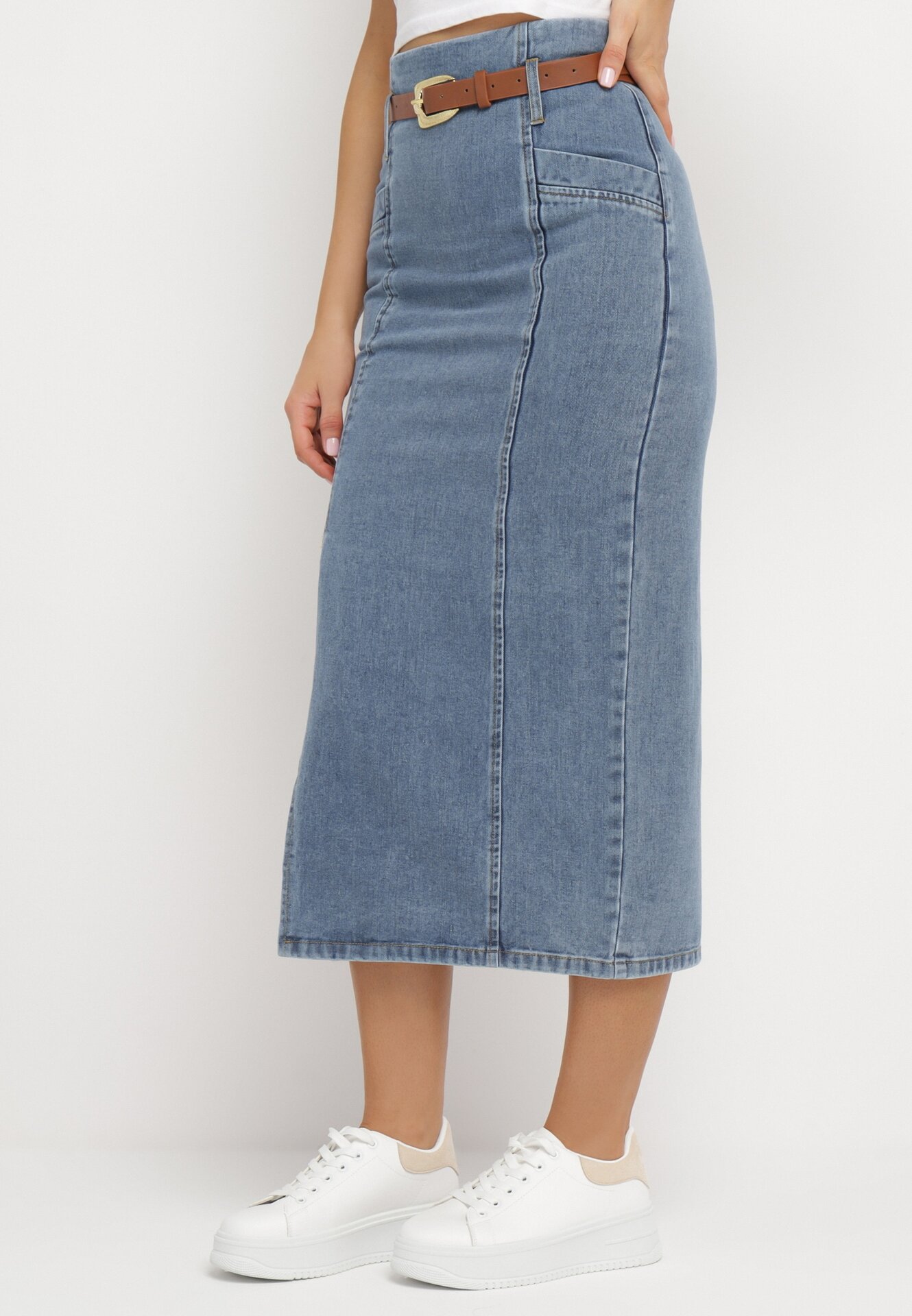 Fustă tip creion albastră din denim cu curea cu cataramă Fernilla