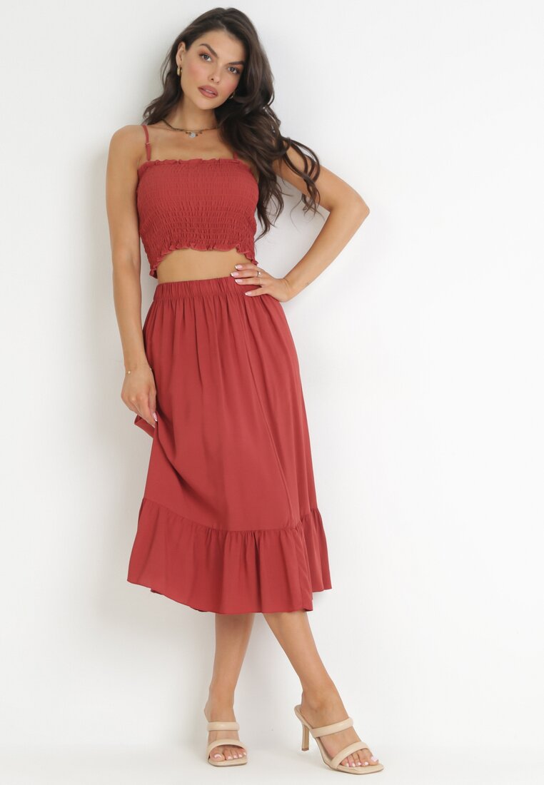 Compleu Roșu 2 piese Top și Fustă Midi din Bumbac Alrema