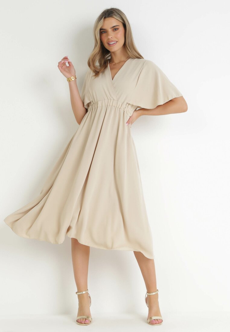 Rochie Bej Evazată Midi cu Decolteu Petrecut și Talie Elastică Muntani