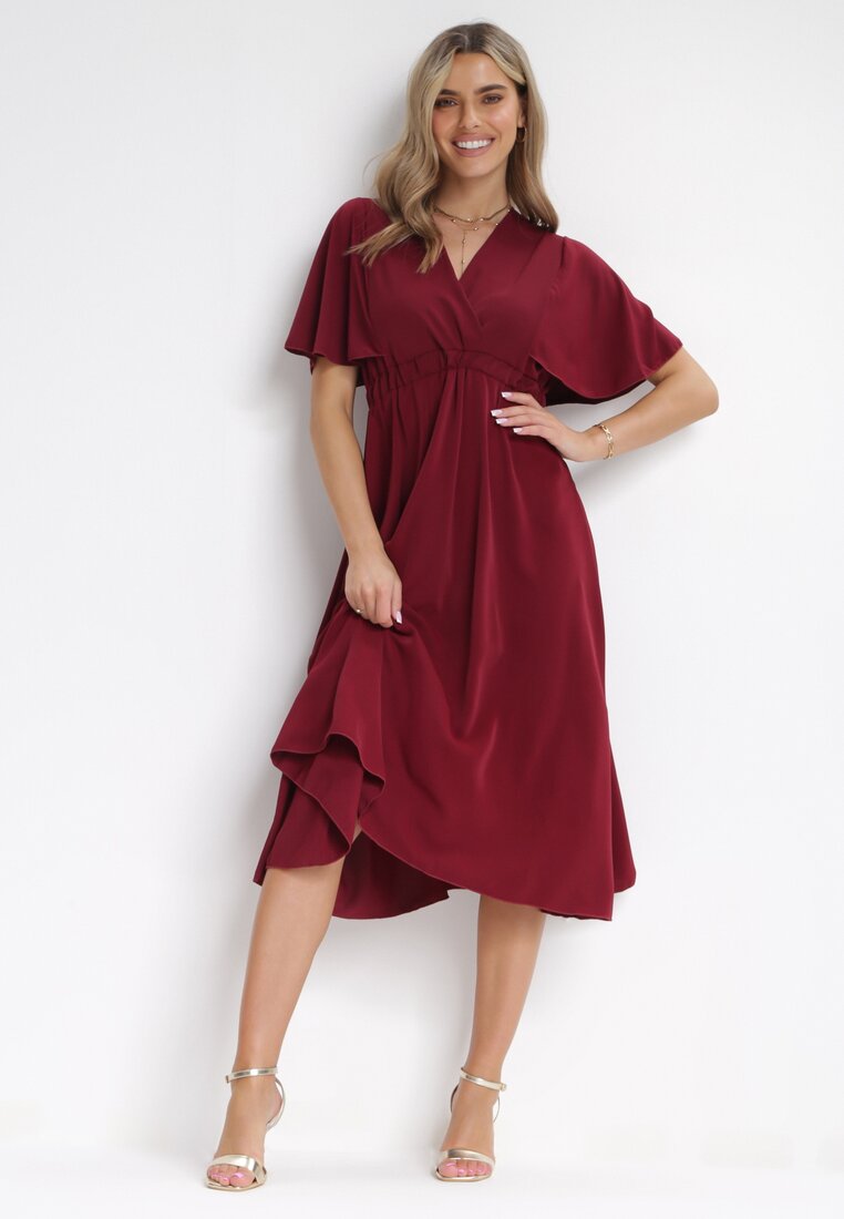 Rochie grena evazată midi cu decolteu petrecut și elastic în talie Muntani