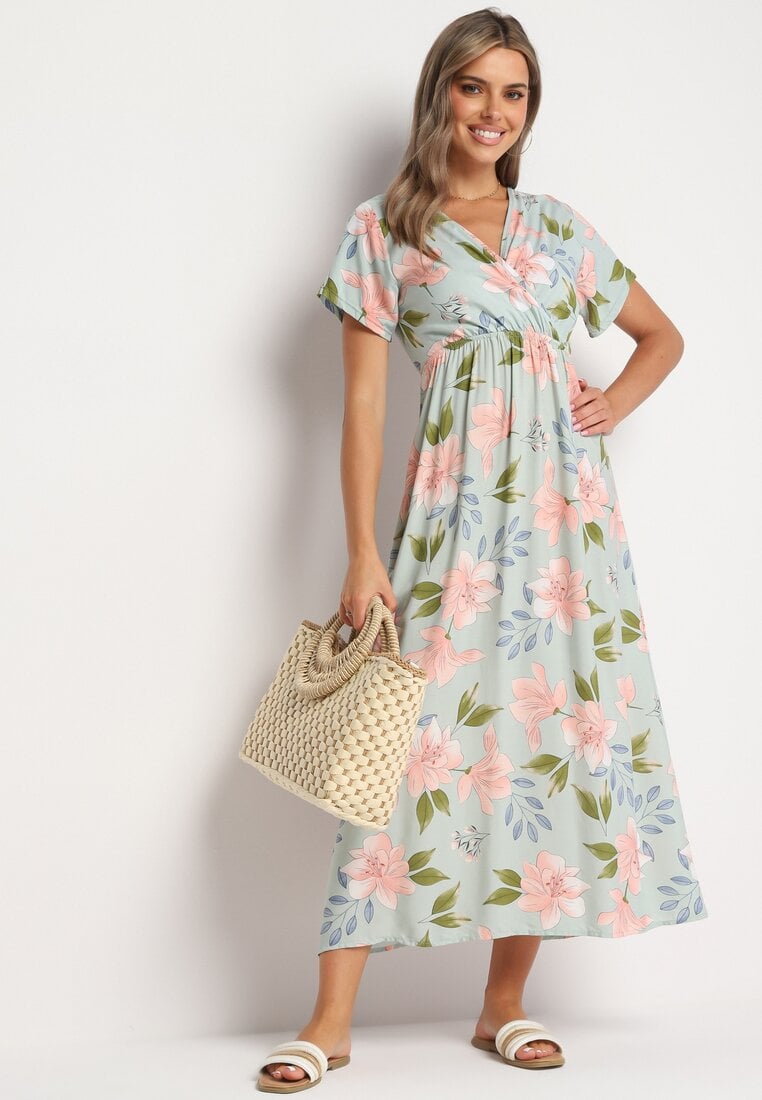 Rochie cloș florală verde deschis cu bumbac Naviriels