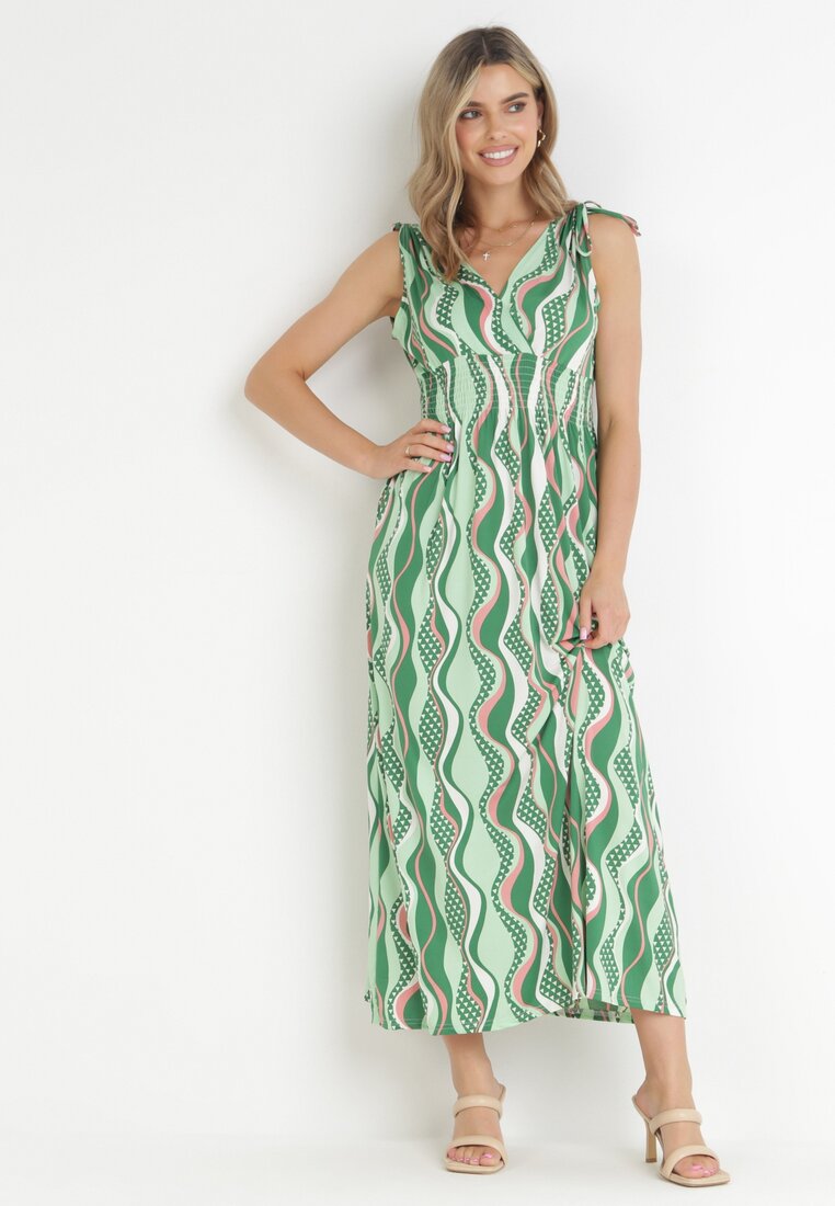 Rochie Verde Imprimată Maxi cu elastic în talie și decolteu petrecut din viscoză Cartier