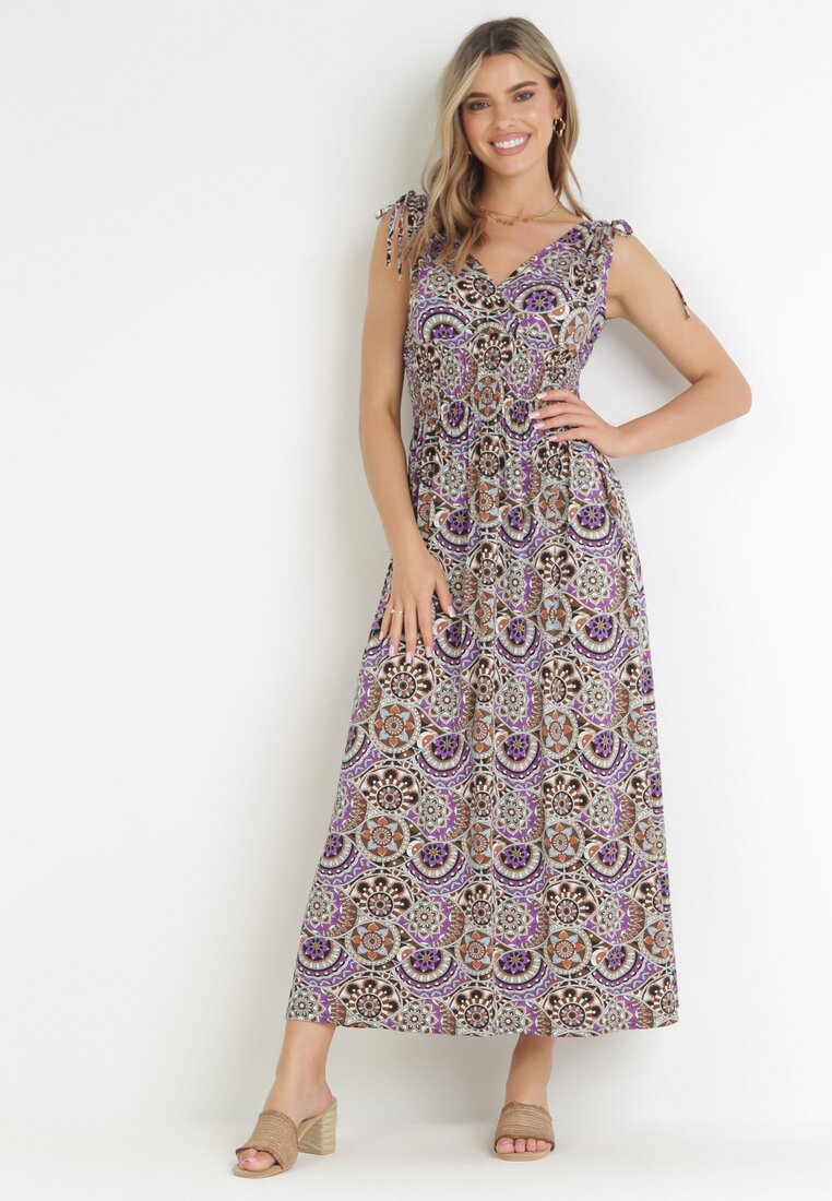 Rochie Maxi din Viscoză Violetă cu Imprimeu Floral și Elastic în Talie Tolira