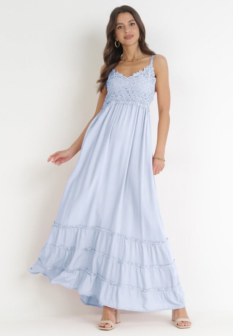 Rochie Albastră Maxi cu Bretele cu Inserții din Dantelă și Volane Lemera