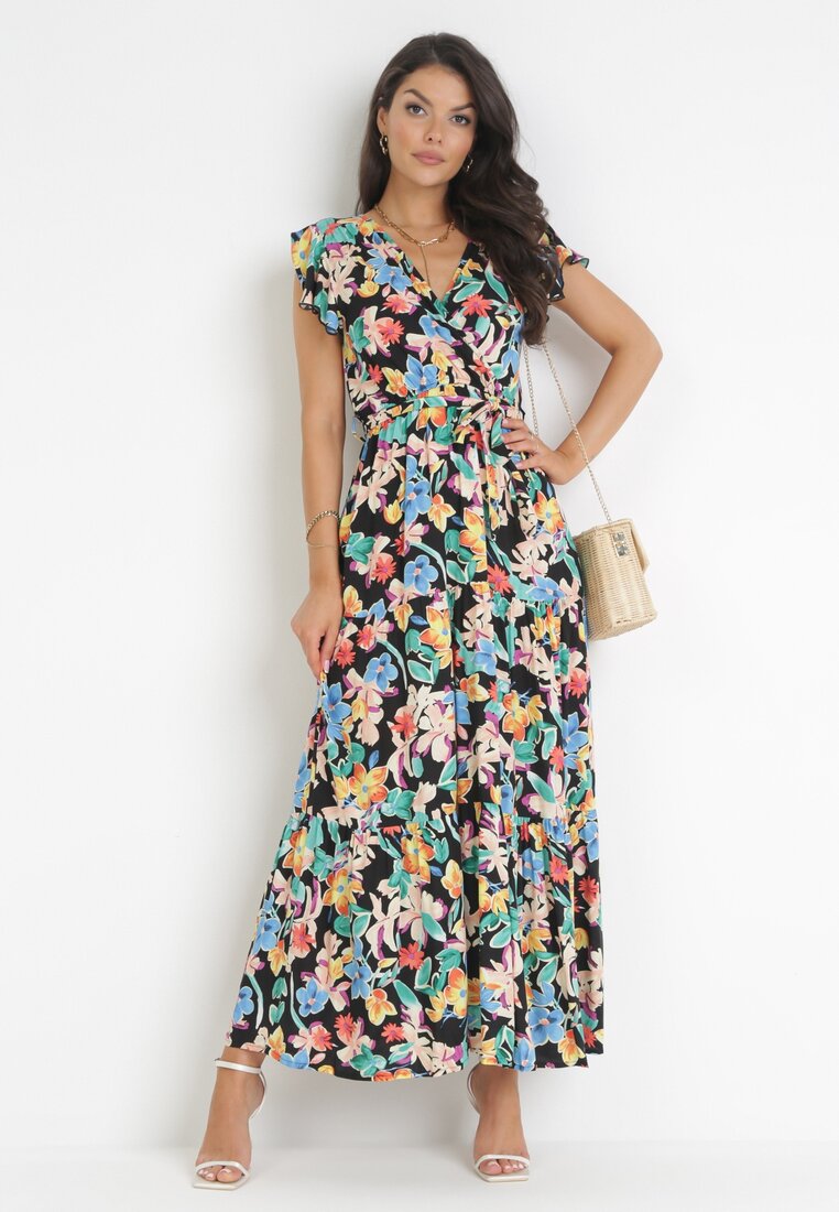 Rochie Negru-Albastră Evazată cu elastic în talie și decolteu în plic Aminetta