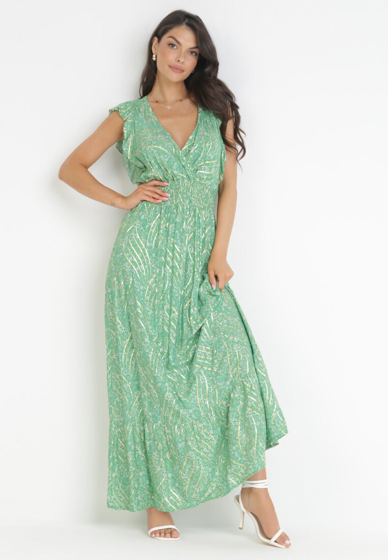 Rochie Verde Maxi din viscoză cu elastic în talie și imprimeu metalic Fianre