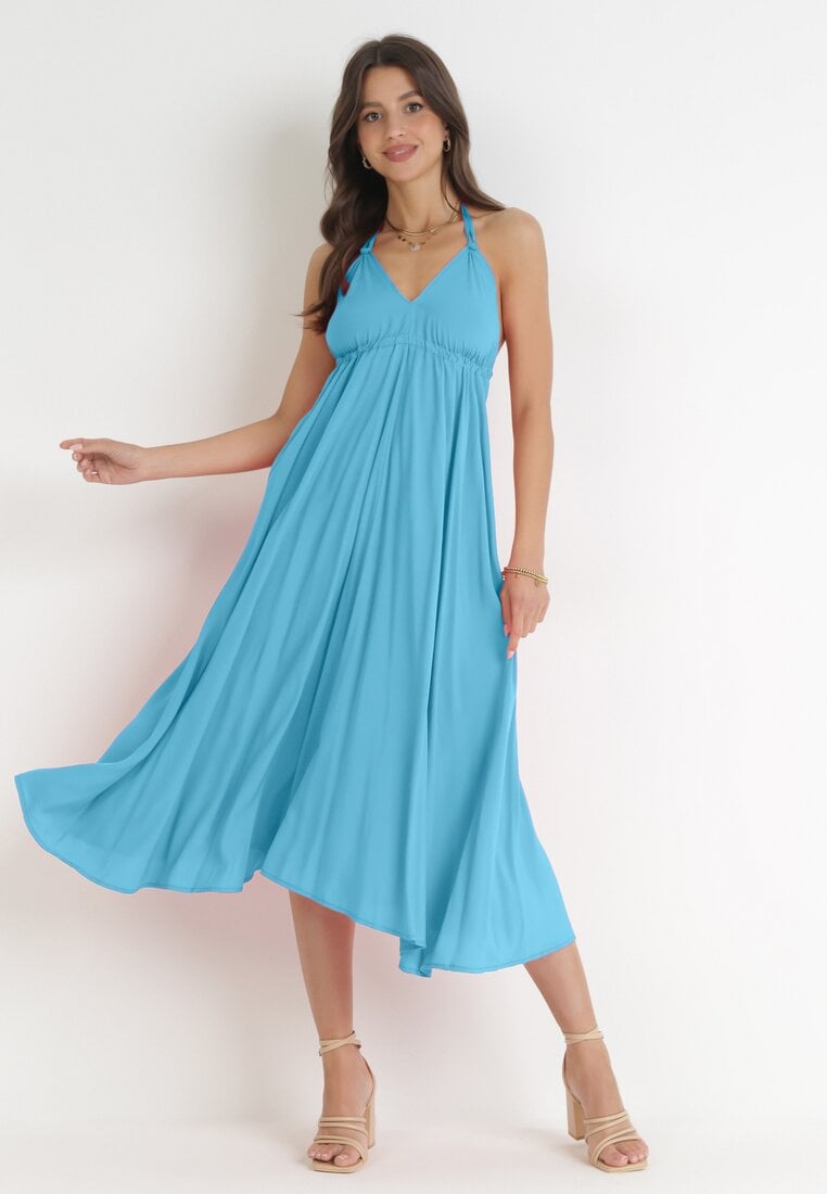 Rochie Albastră Legată la gât din Viscoză Ellaze