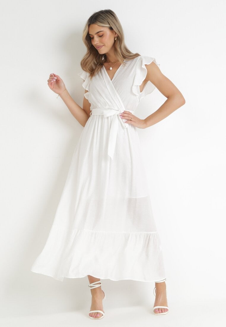 Rochie Albă Cloche cu Cordon Legat Nonru