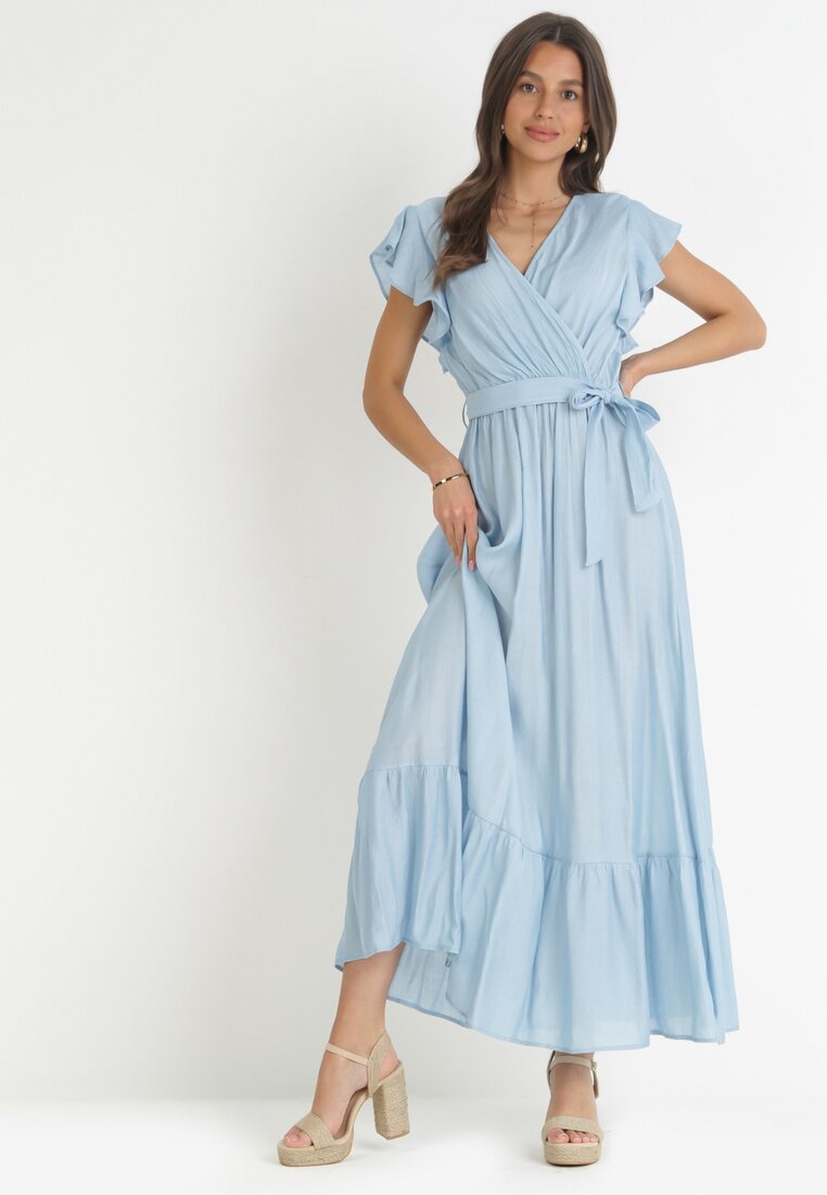 Rochie Evazată Albastră cu Cordon Legat Nonru