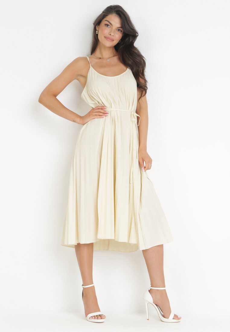 Rochie Plisată Midi Bej deschis cu șnur în talie Eidas