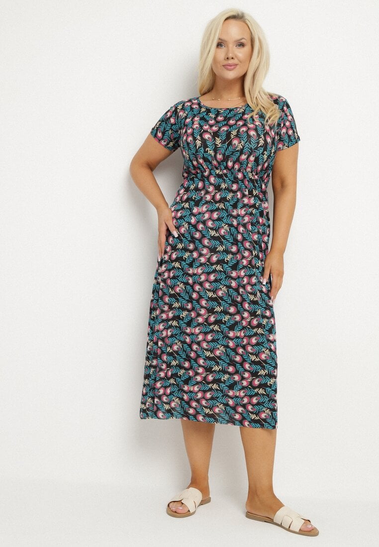 Rochie Negru-albastră Evazată cu elastic în talie cu model ochi de păun Duilla