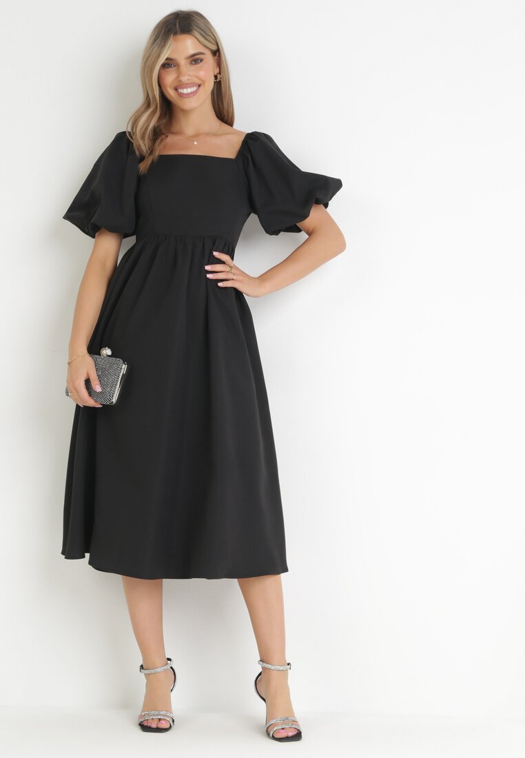Rochie Neagră Evazată Midi cu Mâneci Bufante și Decolteu Pătrat Ceania