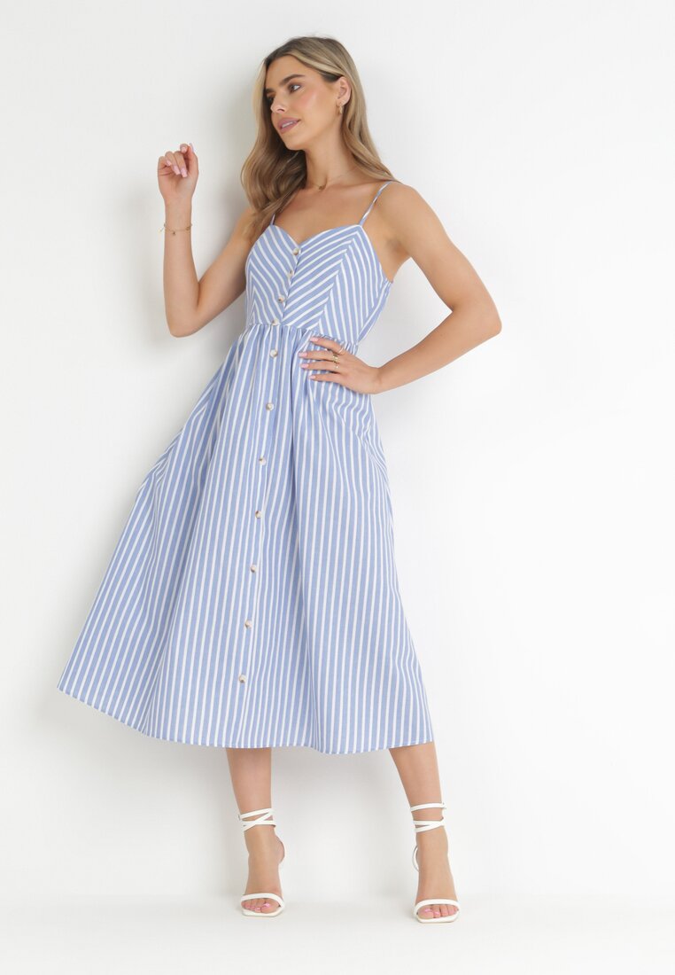 Rochie Albastră Midi cu Dungi cu Bretele Reglabile Bartale
