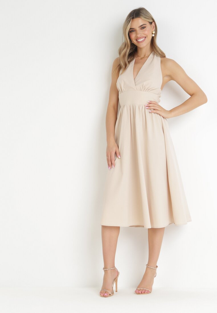 Rochie Bej Evazată cu cordon la gât Nosalae