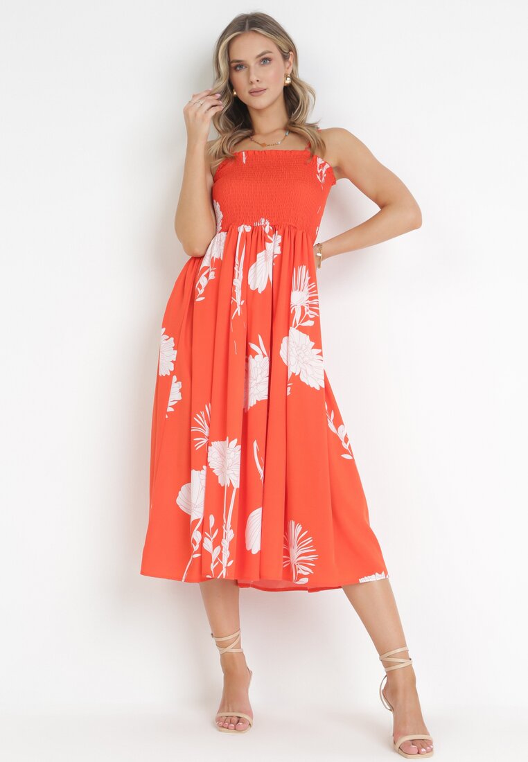 Rochie Portocalie Midi cu bretele Florală Godeberta