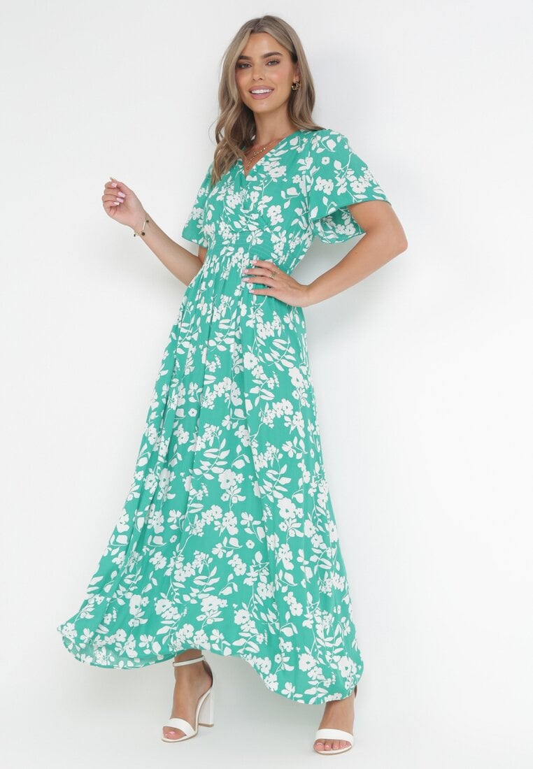 Rochie Viscoză Verde Maxi cu elastice în talie și decolteu petrecut Olemenia