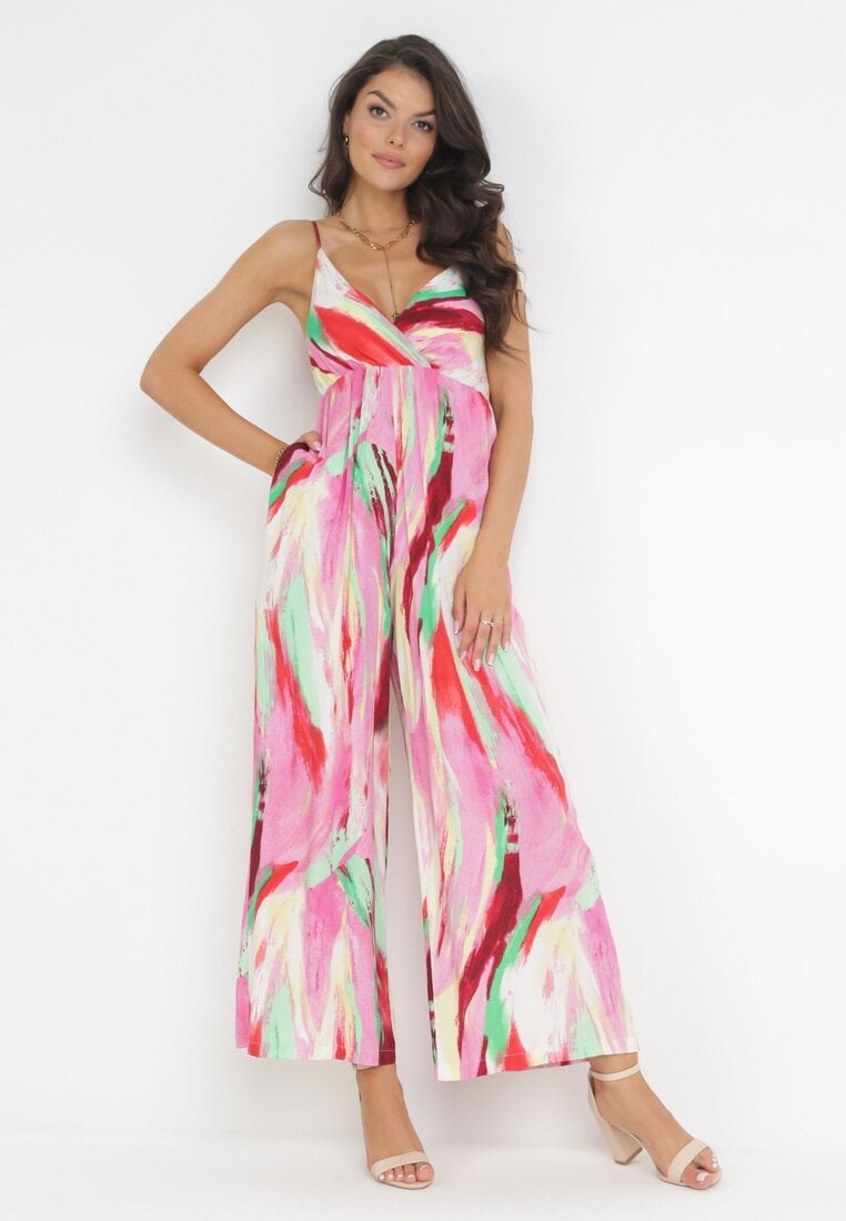 Salopetă Roz-Roșu Lungă cu Bretele din Viscoză Amime