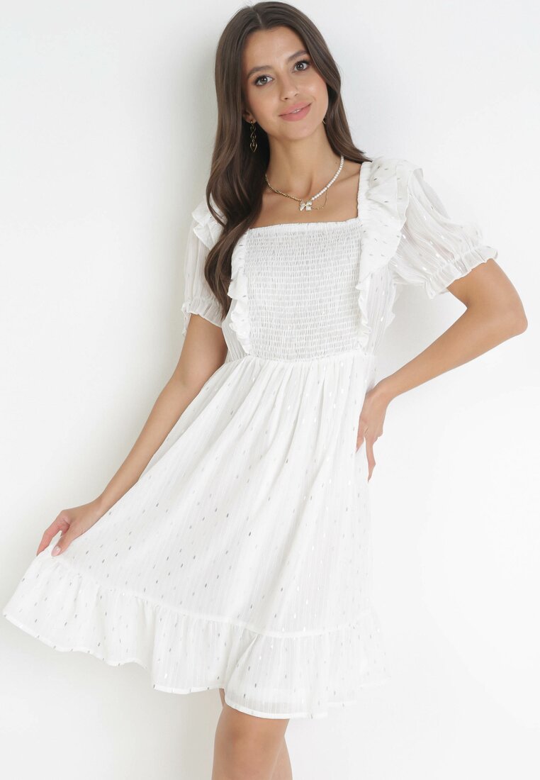 Rochie Mini Albă cu Volane la Mâneci și Elastic în Talie Nevitta