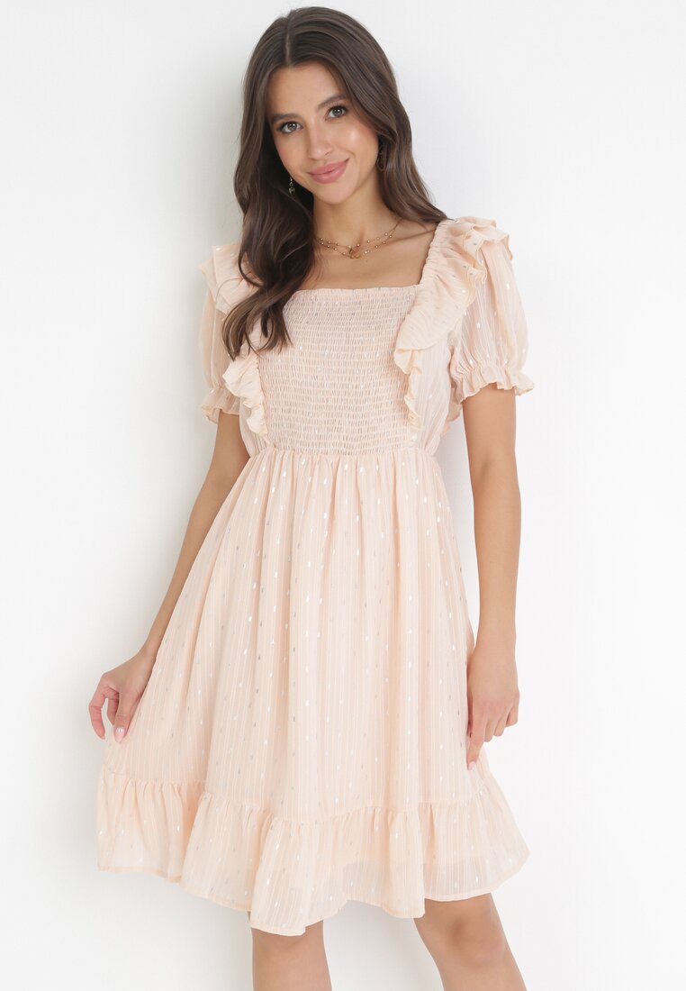 Rochie Mini Bej cu volane la mâneci și elastic în talie Nevitta
