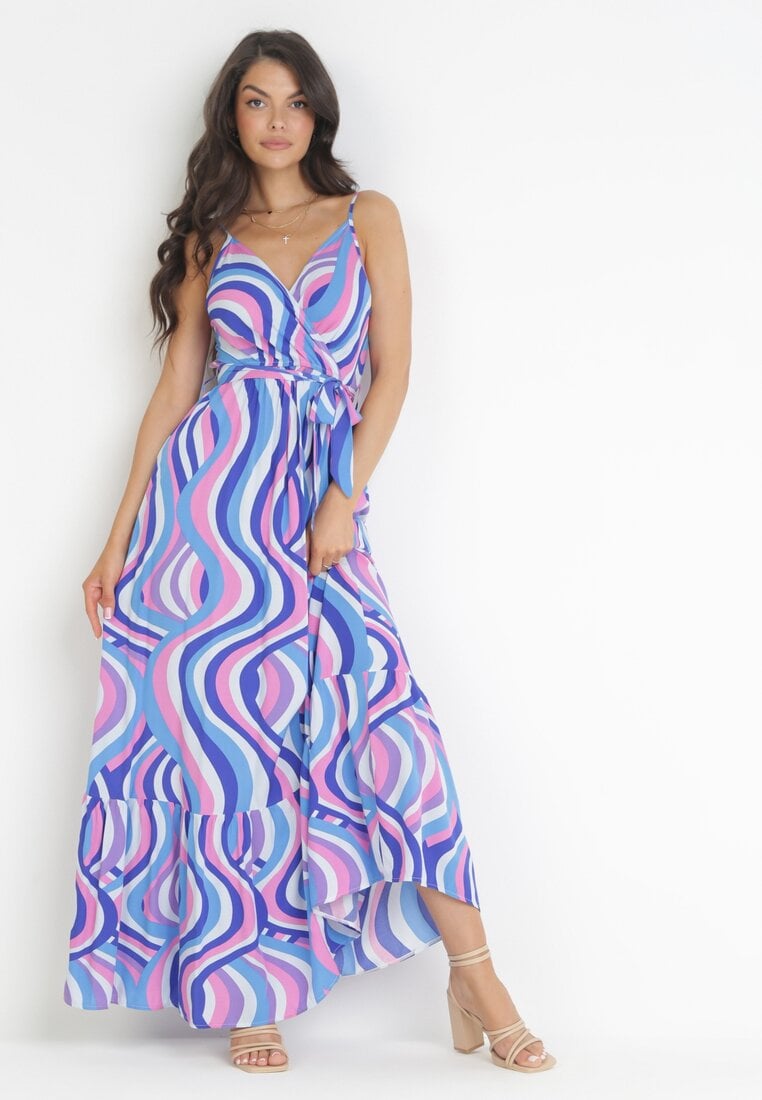 Rochie Maxi Albastră din viscoză cu bretele cu elastic și curea în talie Annanise