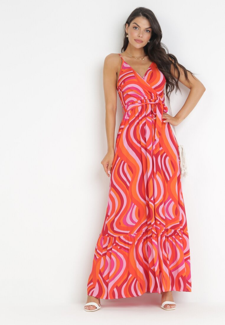 Rochie maxi portocalie din viscoză cu bretele, cu elastic și curea în talie Annanise