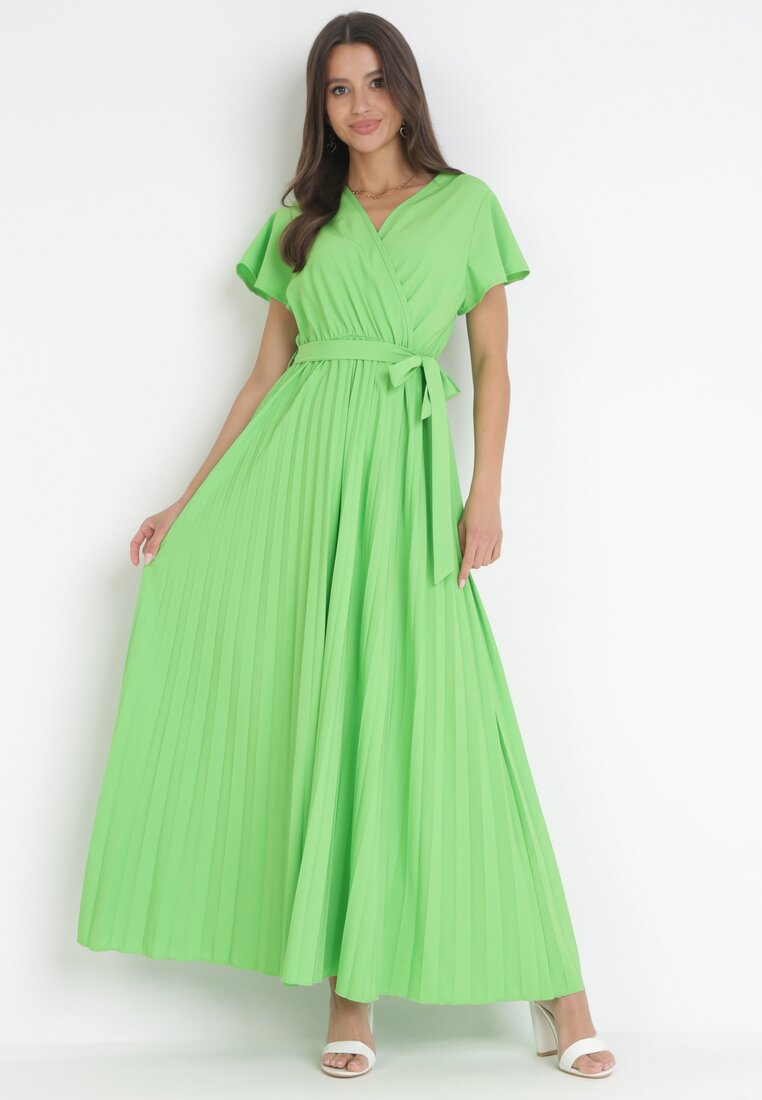 Rochie Verde Elegantă Maxi plisată cu decolteu petrecut și legătură Thessi