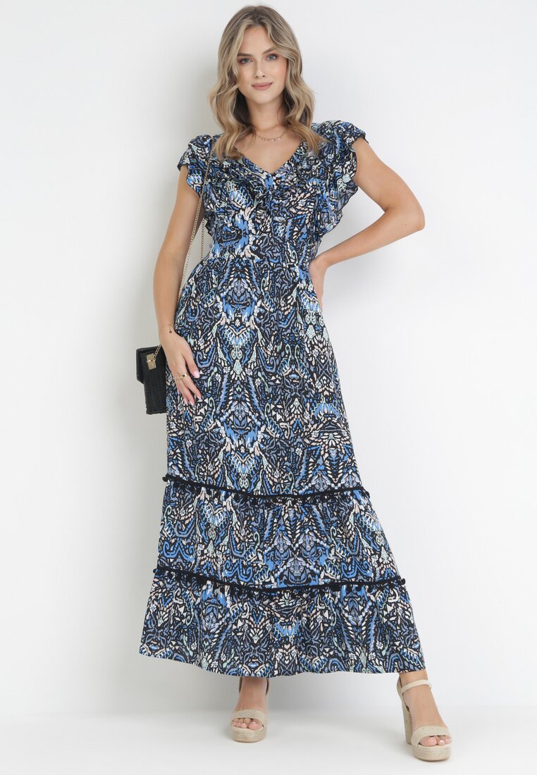 Rochie Negru-Bleumarin Cloș Maxi cu bandă elastică încrețită în talie și Volane din Viscoză Wilsey