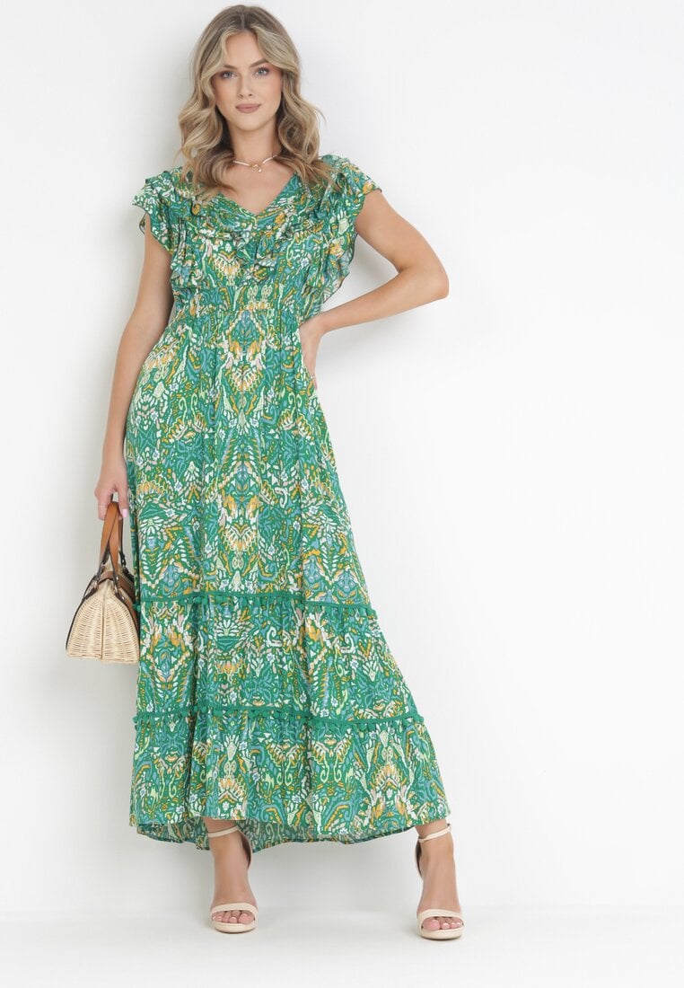 Rochie Verde Evazată Maxi cu elastic încrețit în talie și volane din viscoză Wilsey