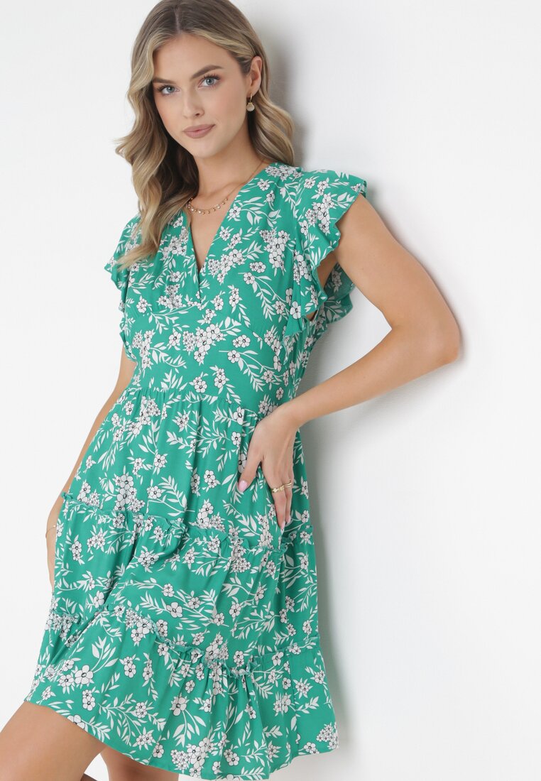 Rochie Verde Evazată cu Volane Pillia