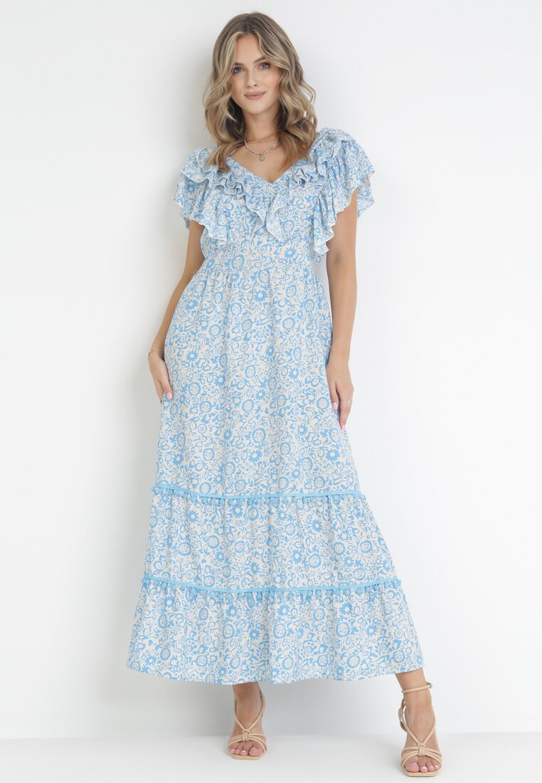 Rochie Cloș Albastră Maxi cu Decolteu Decorativ și Elastic în Talie din Viscoză Adyni