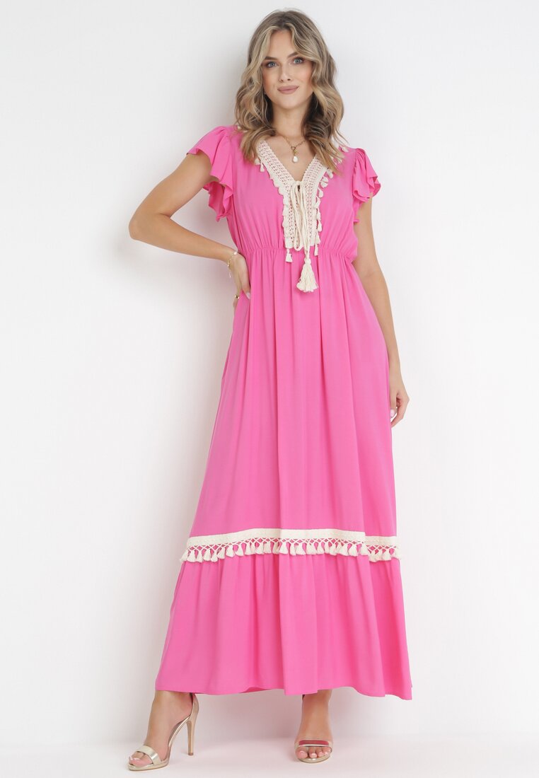 Rochie evazată fucsia Maxi din Viscoză și cu legătură la decolteu Venali