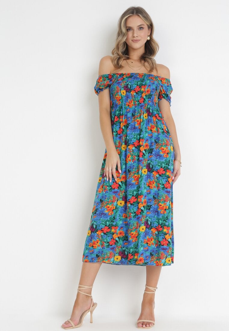 Rochie Albastră din Viscoză Midi stil spaniol cu flori Hallenes