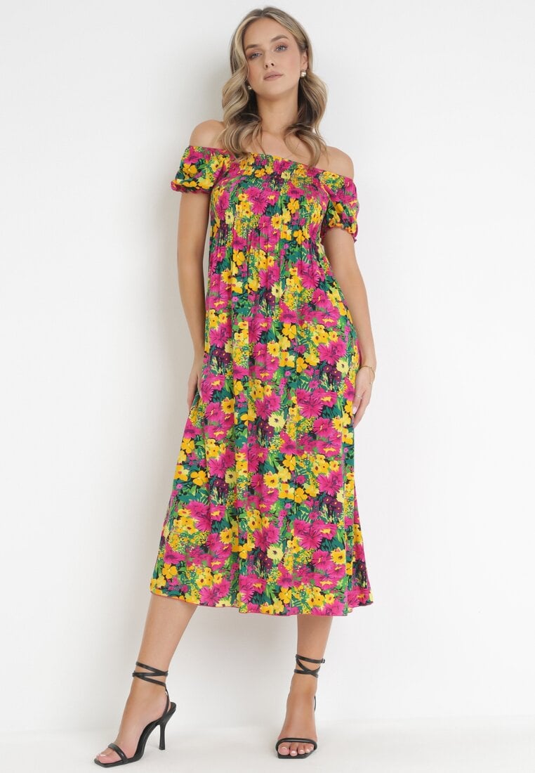 Rochie Fucsia-Galbenă din Viscoză Midi stil spaniol cu Flori Hallenes