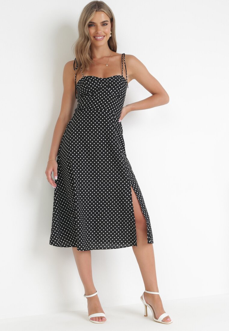 Rochie Neagră Midi cu Buline pe Bretele Ionttis