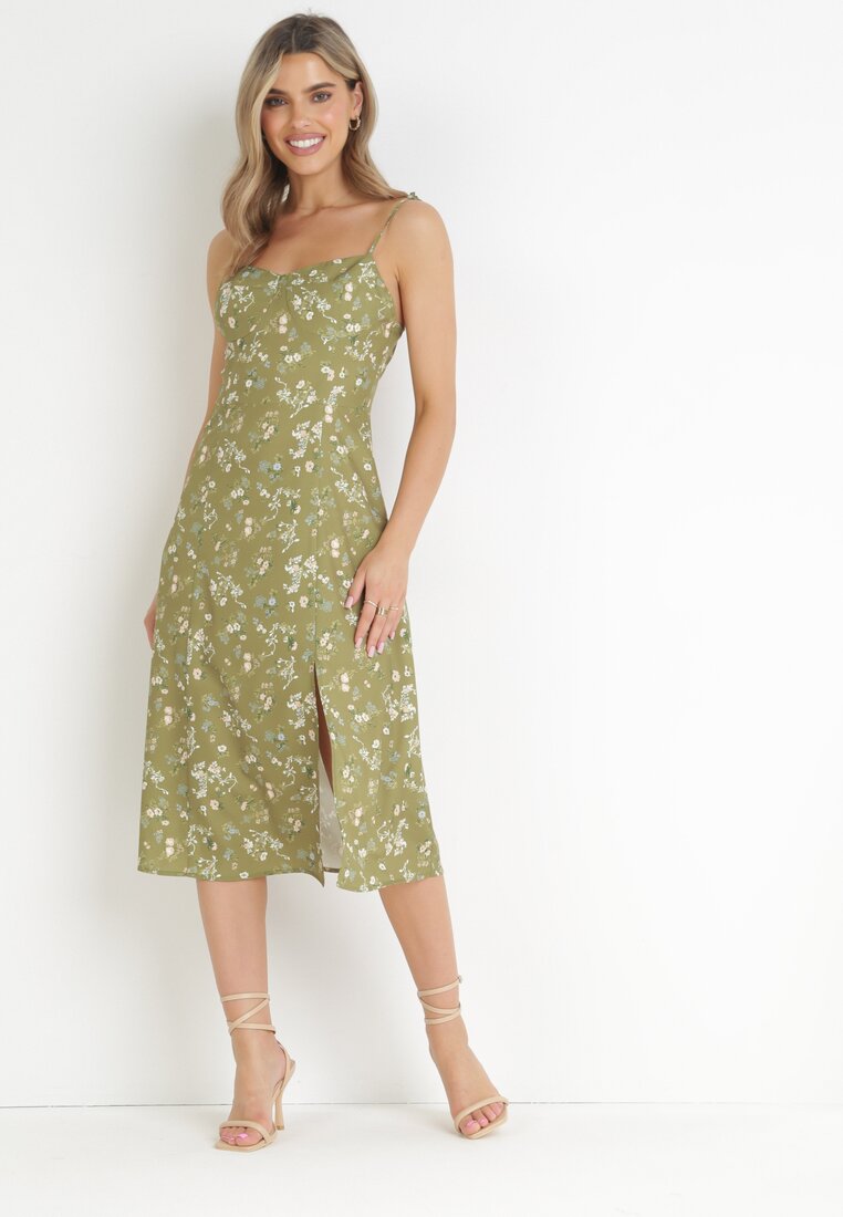 Rochie Verde Midi cu bretele subțiri cu șliț floral Catherin