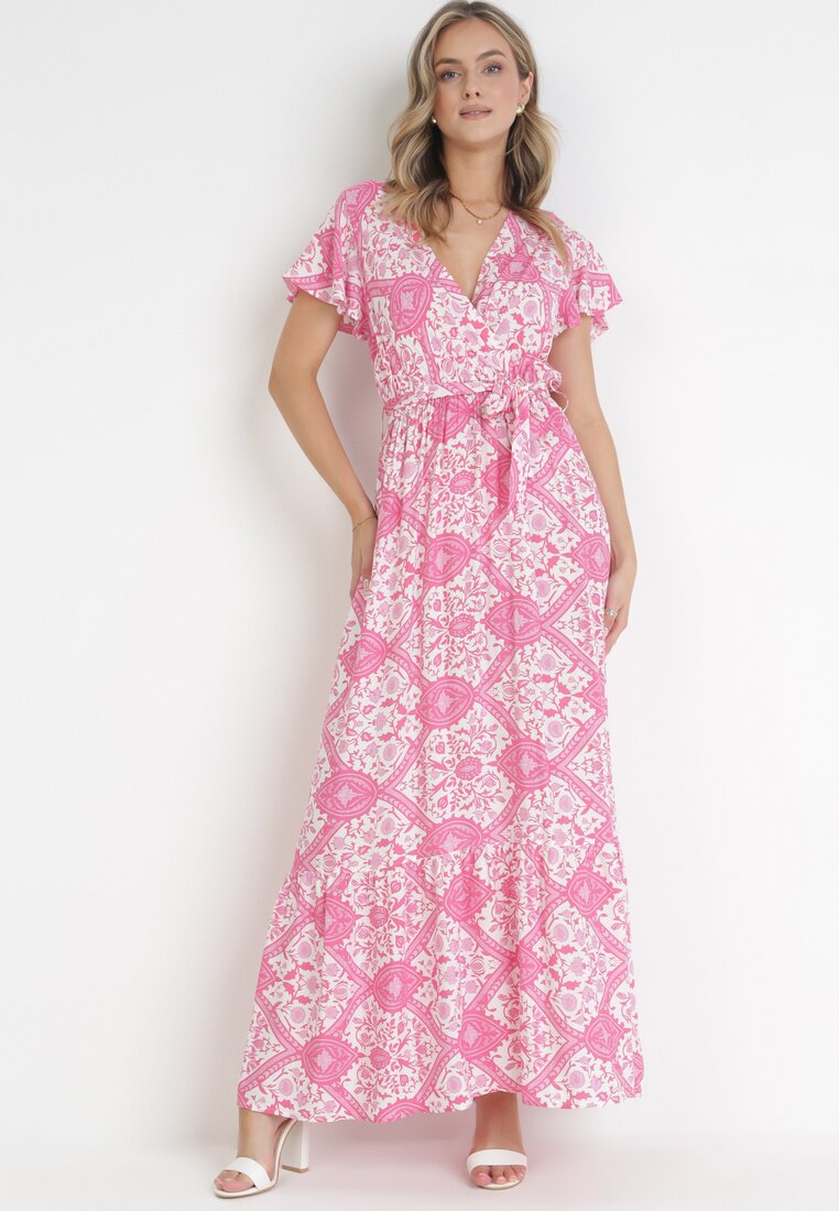 Rochie Fucsia Evazată Maxi cu Centură Legată Aziza