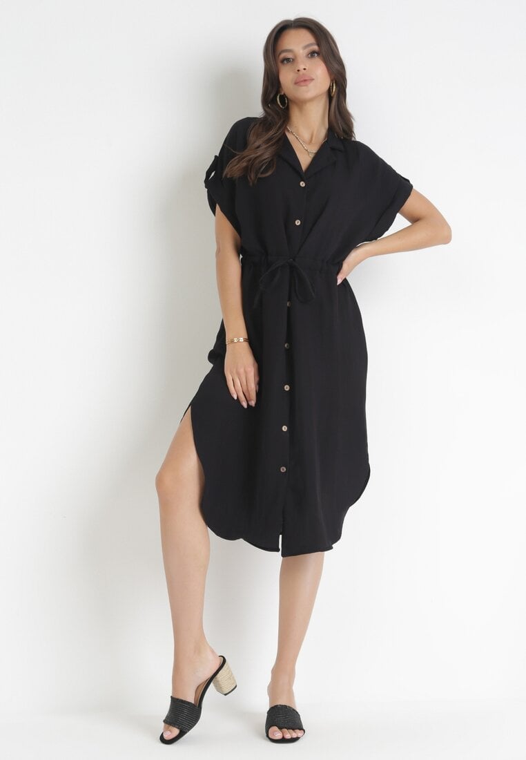 Rochie neagră tip cămașă midi din viscoză cu nasturi, cu șnur și decupaje Alicana