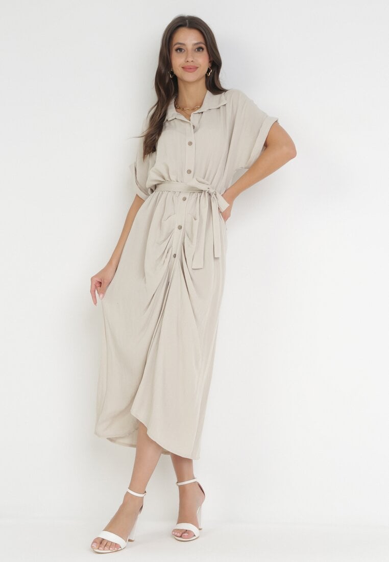 Rochie tip cămașă Midi Bej deschis cu elastic în talie și o curea din material din viscoză Skeisa