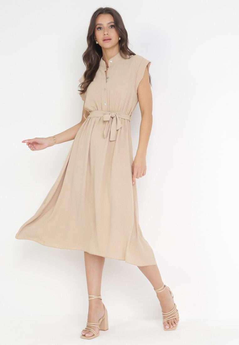 Rochie midi bej închisă cu nasturi și cordon Alyssama